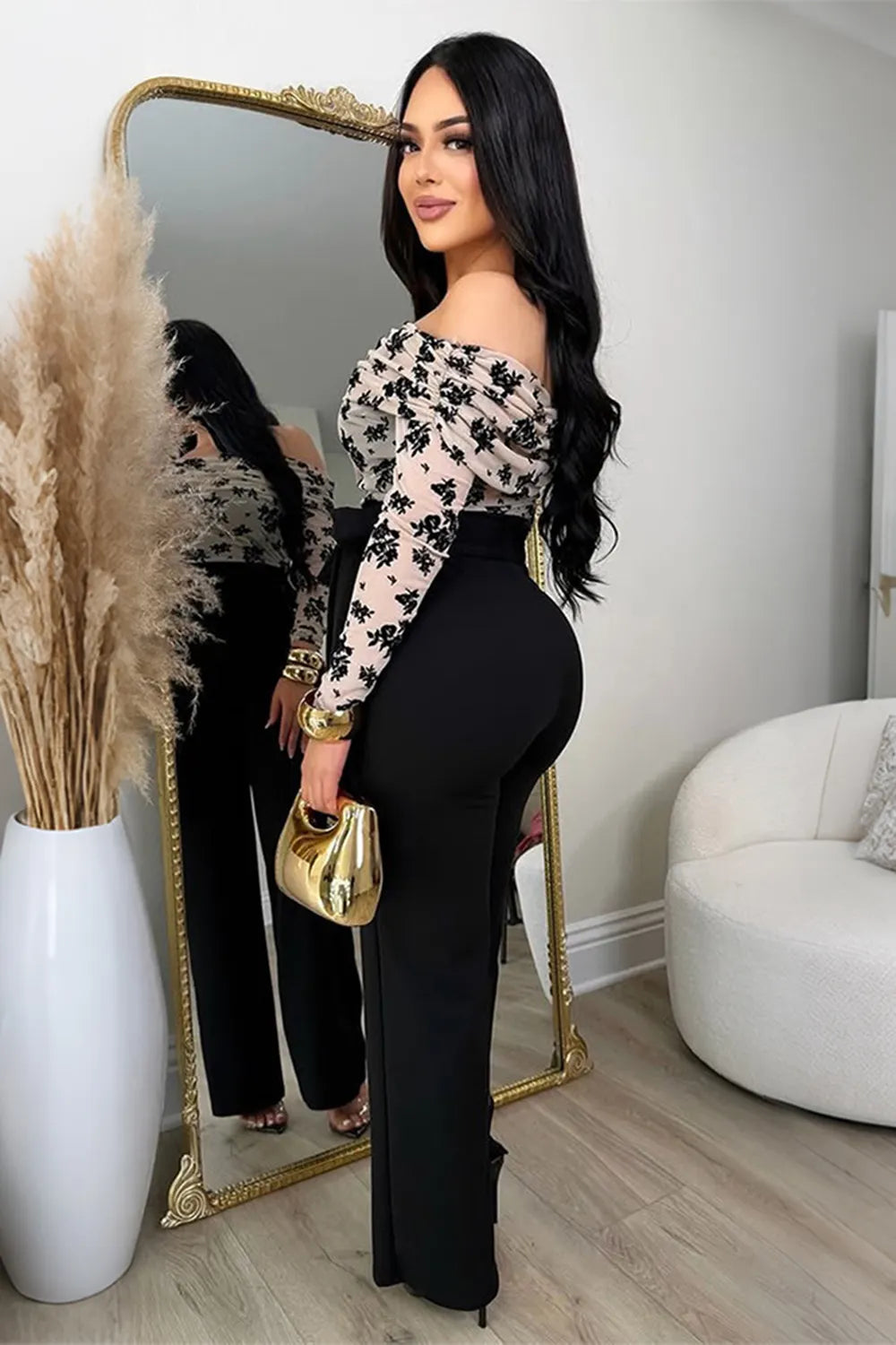 Off Shoulder Long Sleeve Ruffle Leaf Pattern Slim Fit Casual Jumpsuit-Black