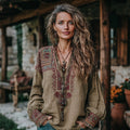 Women's Vintage Vacation Boho Tribal Ethnic Print V-neck Linen Blend Tops