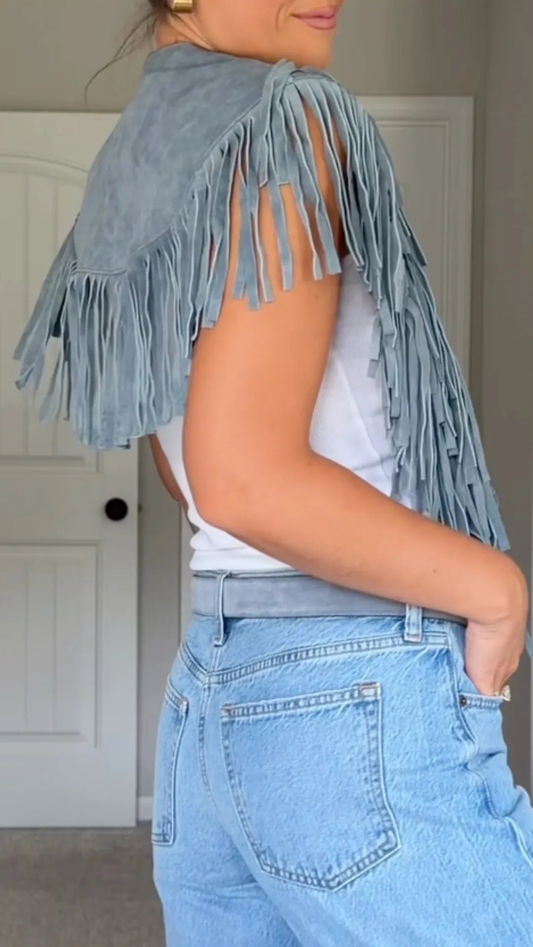 Blue Suede Fringe Sleeveless Vest