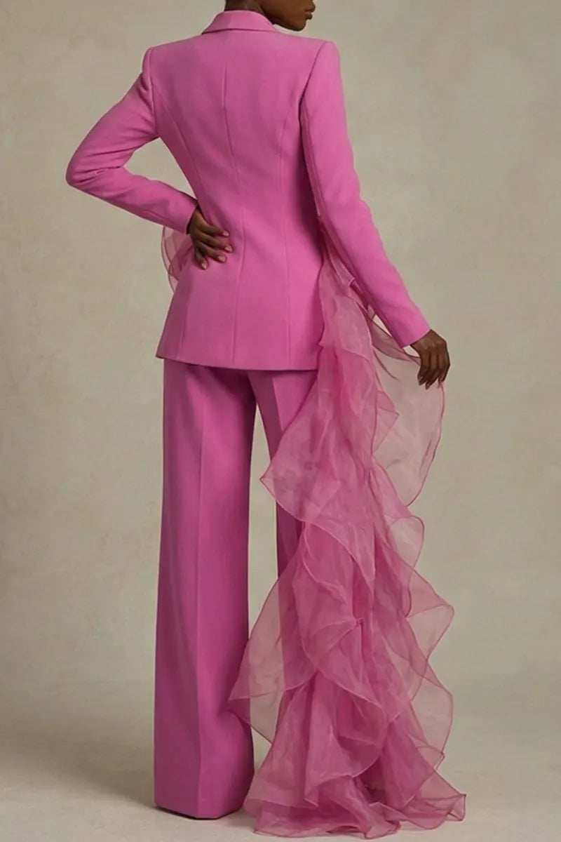 Women's Fashion Commuter Mesh Ruffle Lapel Blazer or Suit Pants