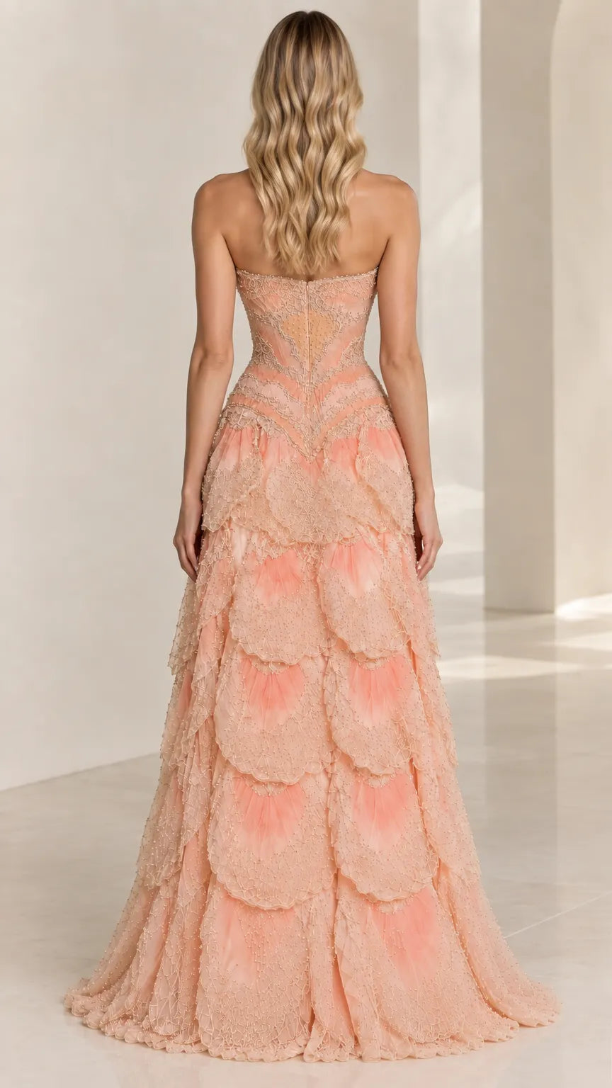 Strapless Beaded Corset Tiered Petal Gown
