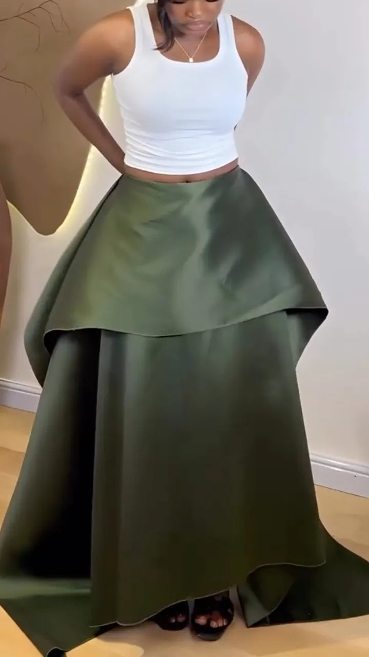 Dark Green Satin Oversized Maxi Skirt