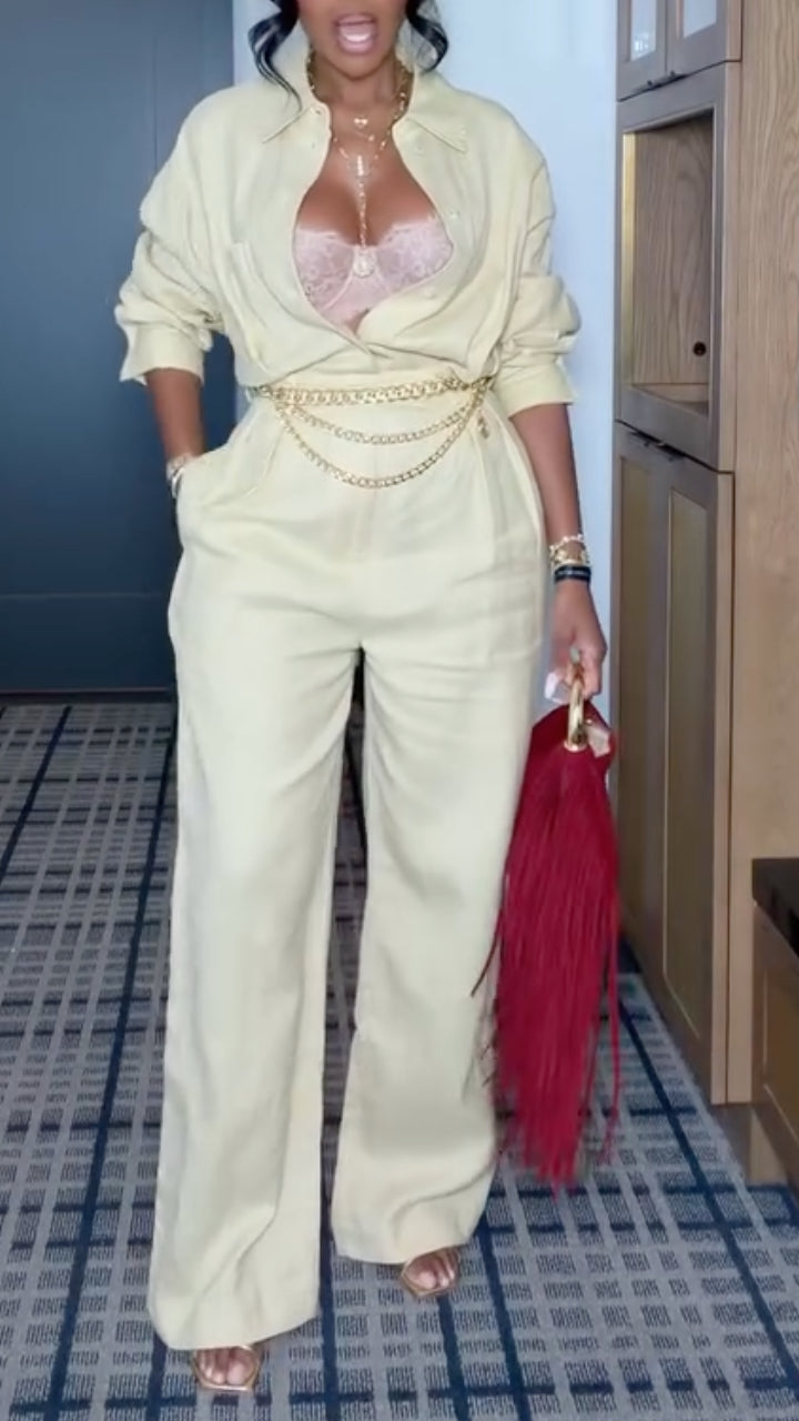 Cream Relaxed Collared Shirt & Wide-Leg Pants Set