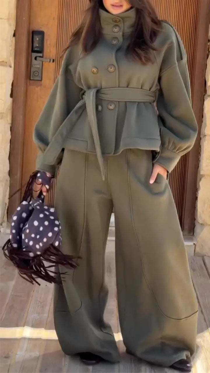 Belted Stand Collar Coat And Wide Leg Pants Two Piece Set