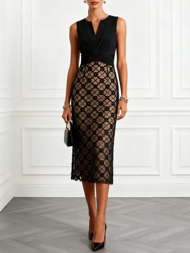 Black 3D Floral Classic Notched Sleeveless Sheath Midi Dress