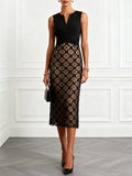 Black 3D Floral Classic Notched Sleeveless Sheath Midi Dress