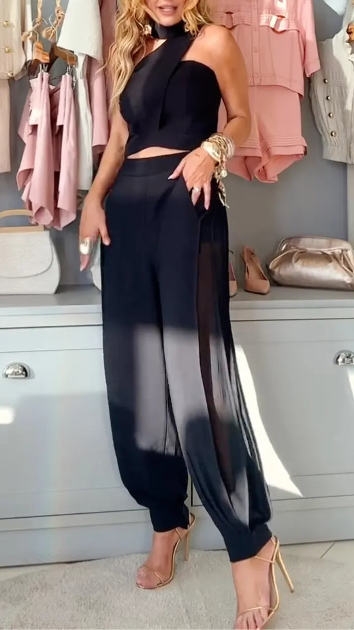 Halter Cutout Top And Wide Leg Pants Two Piece Set