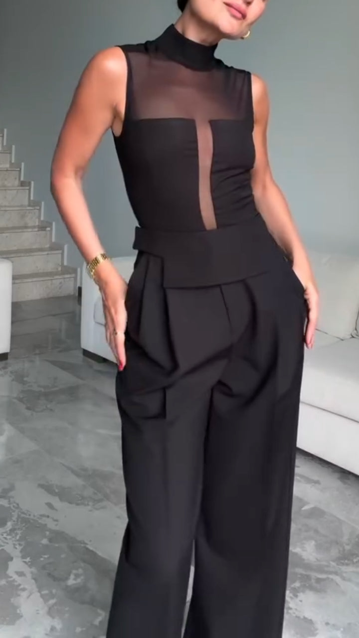 Sheer-Panel Top & Tailored Wide-Leg Pants Set