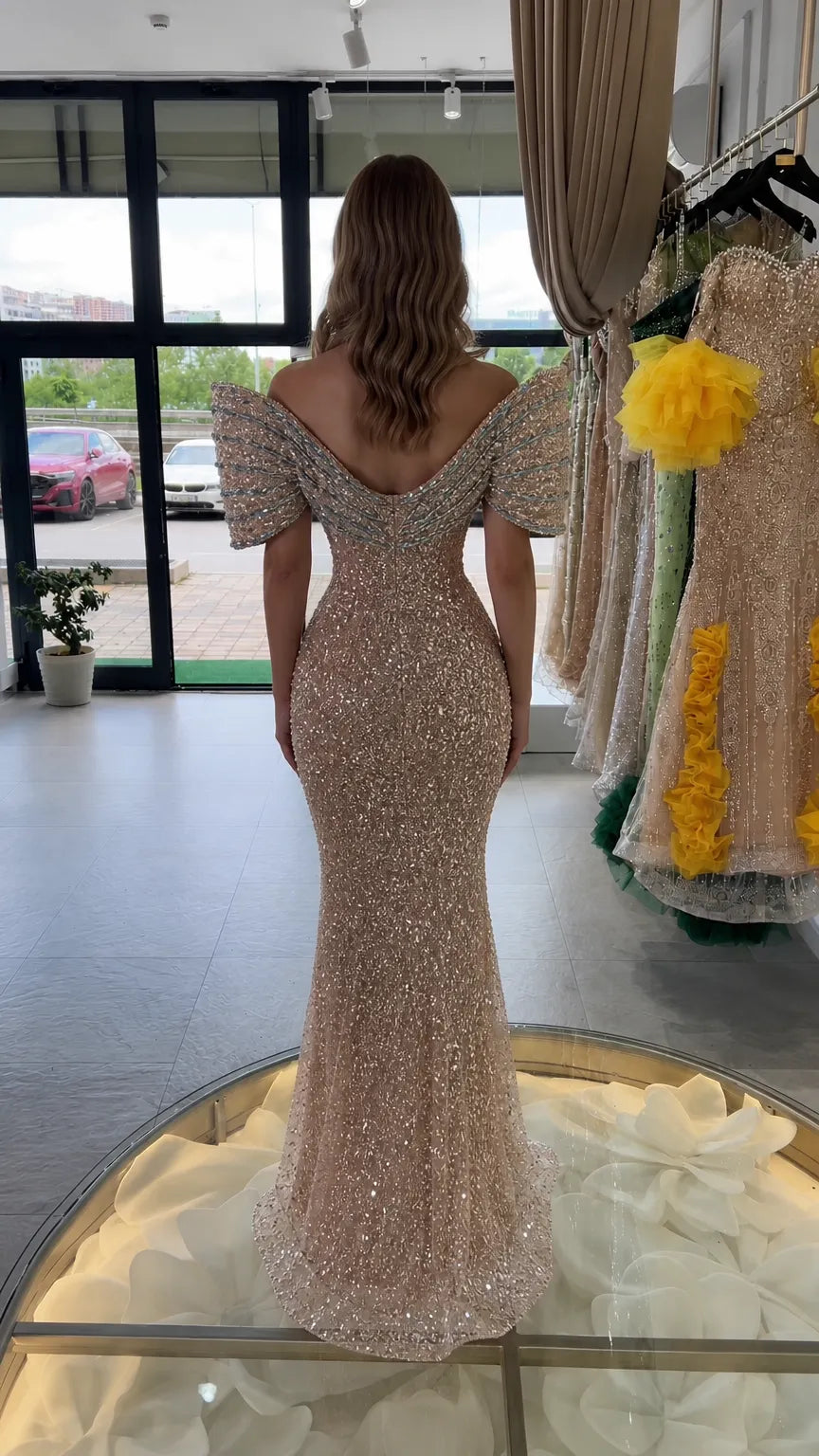 Deep Plunge Embellished Sequin Mermaid Evening Gown