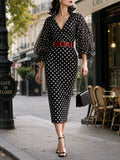 Vintage V-neck Polka Dot Print Midi Dress