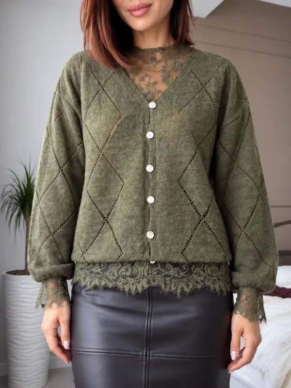 Olive Lace-Detail Diamond-Openwork Knit Cardigan