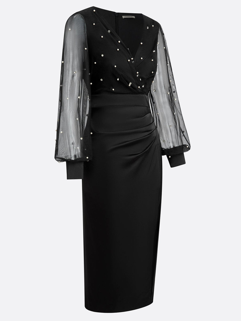 Black Beaded Slit Satin V Neck Long Sleeve Balloon Sleeve Sheath Midi Dress
