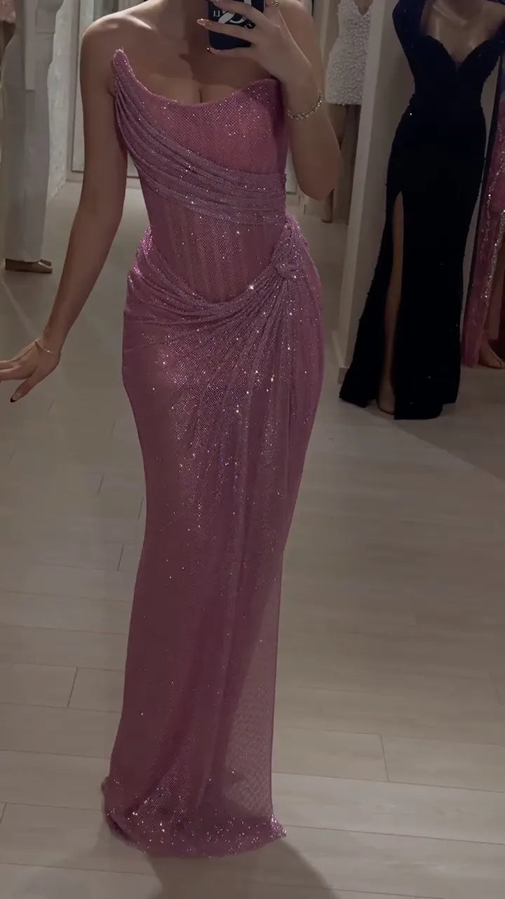 Glitter Mesh Draped Mermaid Gown