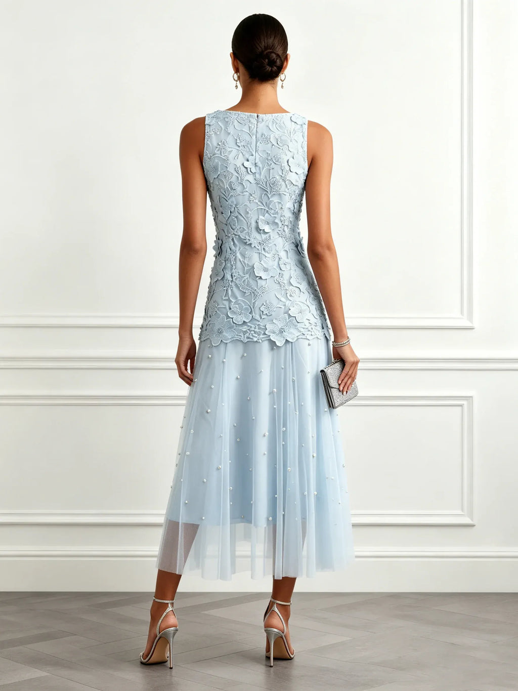 Light Blue Lace Lace Boat Neck Sleeveless A-Line Maxi Dress