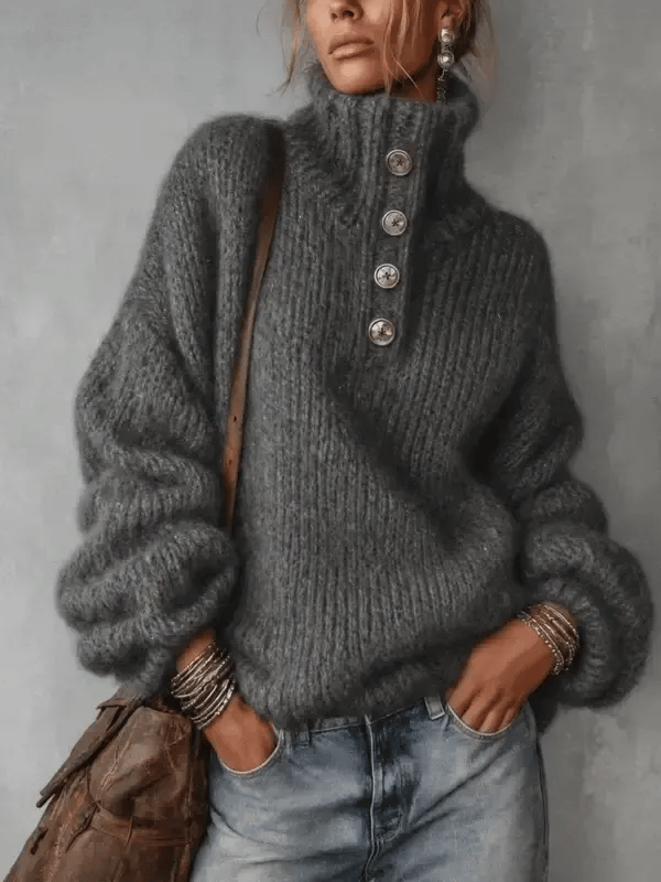 Button-Neck Chunky Knit Sweater