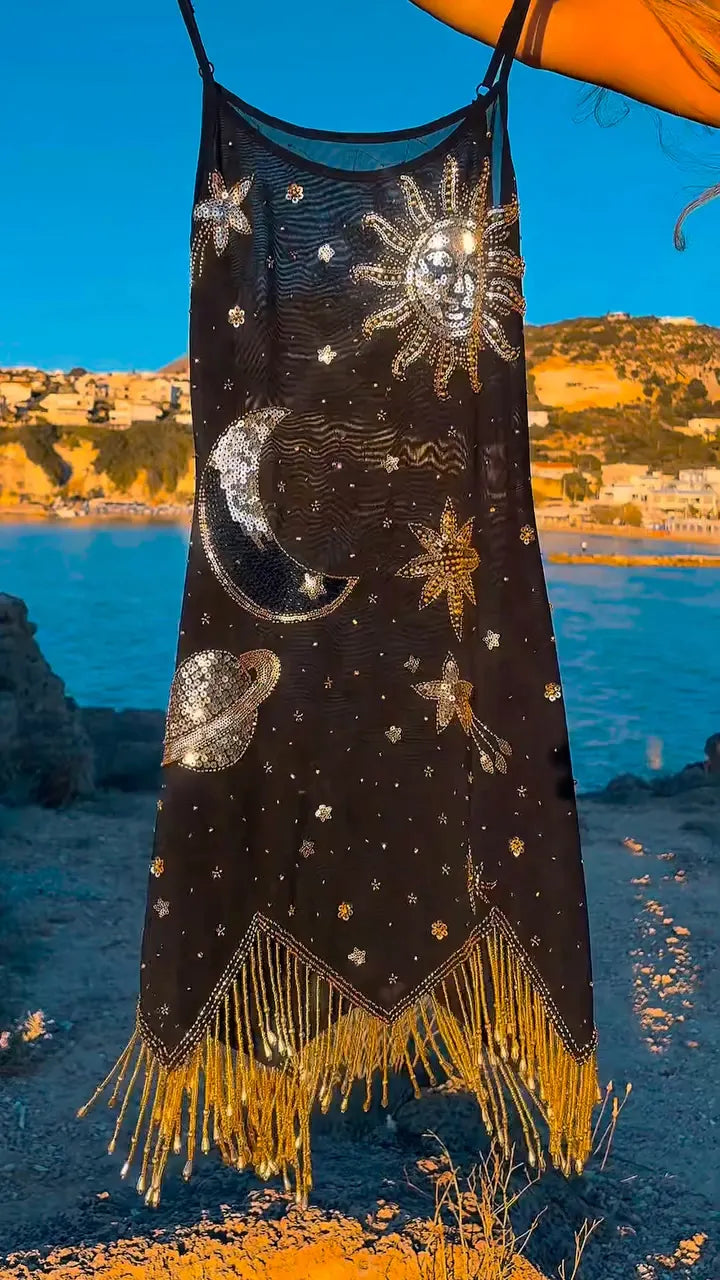 Celestial Sequin Tassel Mesh Slip Dress