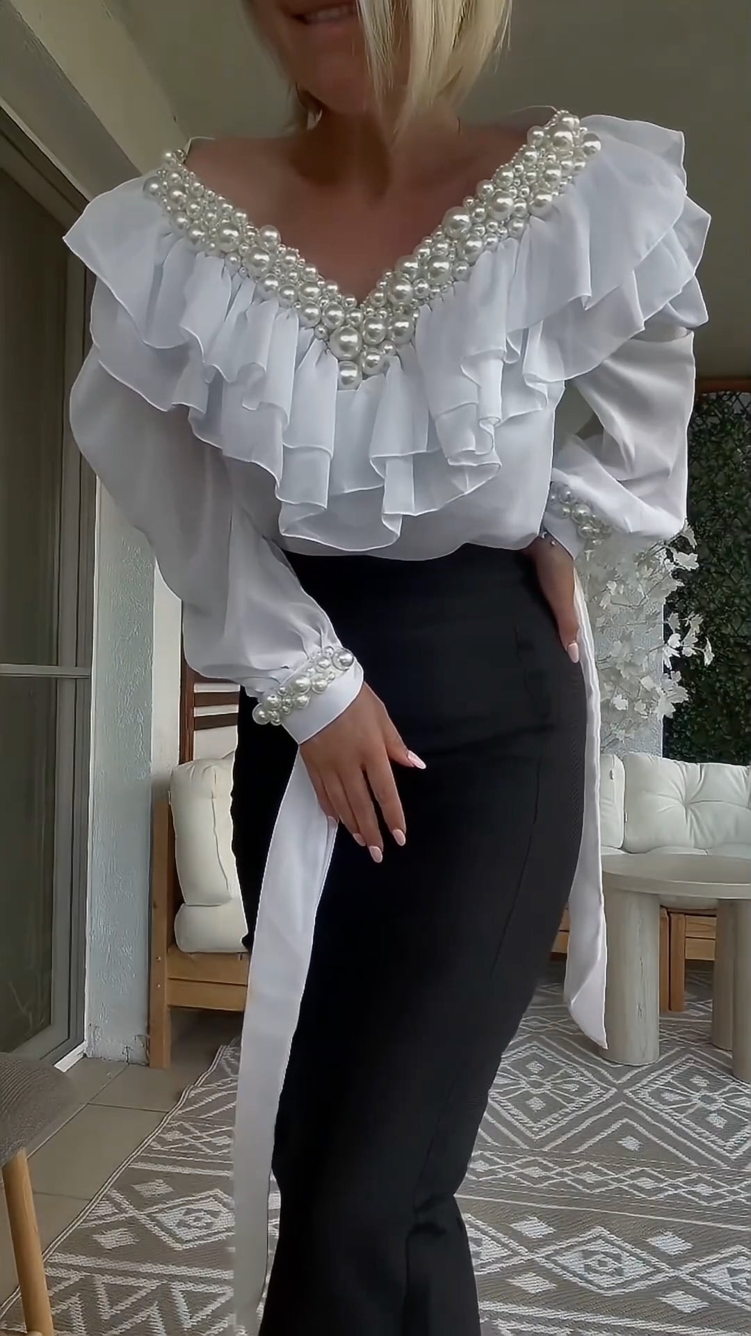 Pearl Ruffle Off Shoulder Long Sleeve Blouse+Skirt Set
