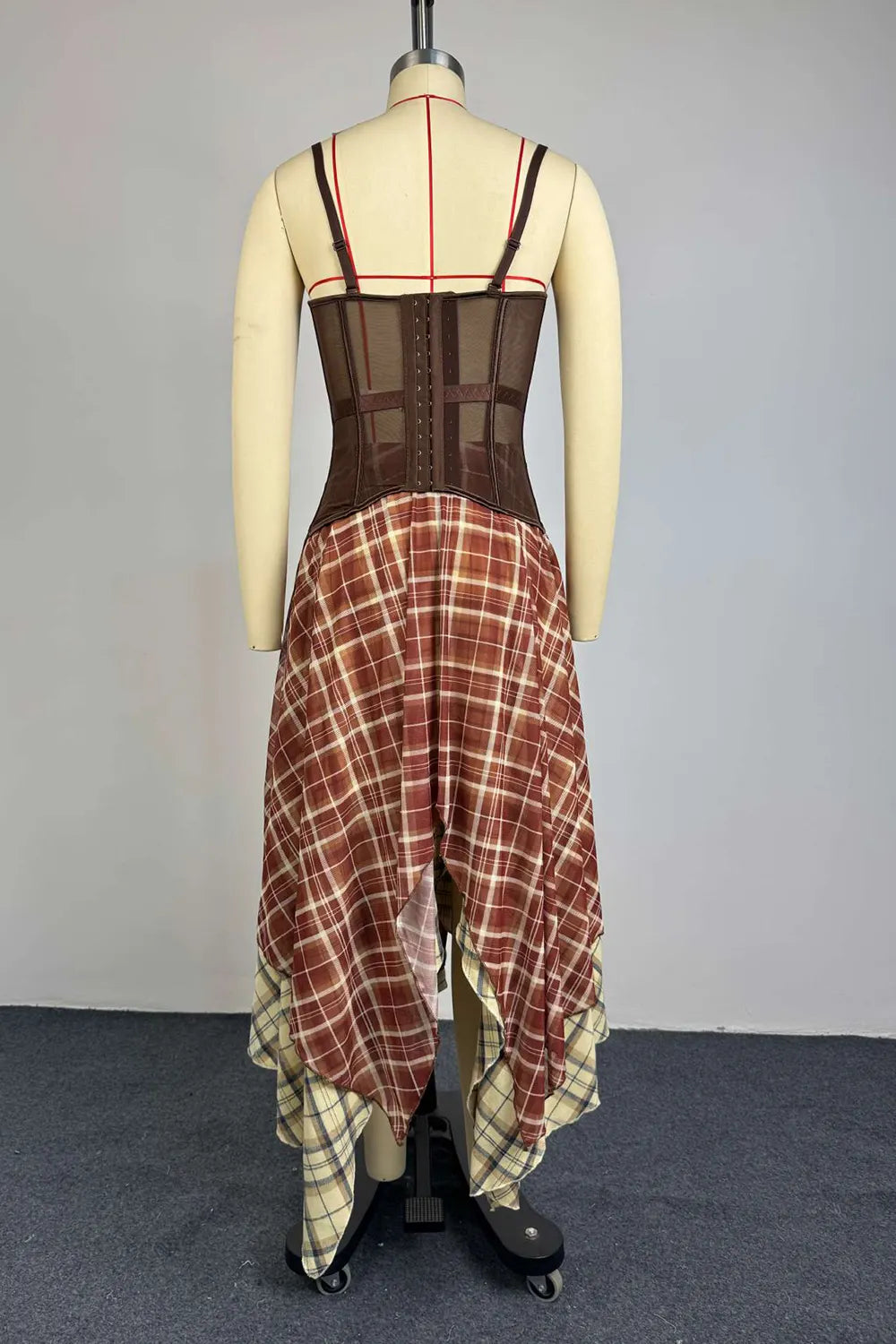 Mesh Cami Corset Plaid Print Irregular Hem Maxi Skirt Casual 2pcs Set-Brown