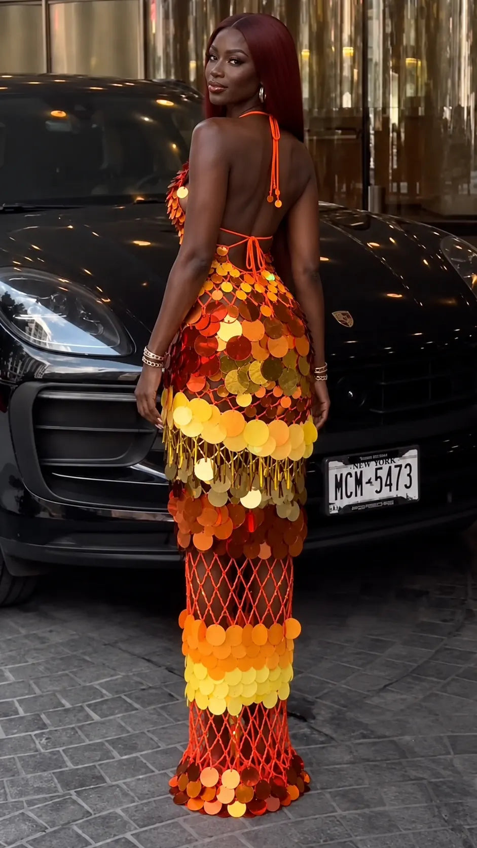 Gradient Sequin Fringe Halter Maxi Dress