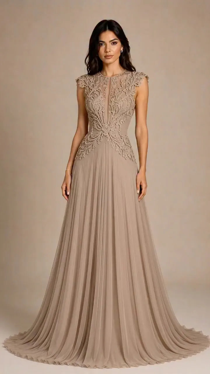 Taupe Cap‑Sleeve Lace Applique Chiffon Formal Gown