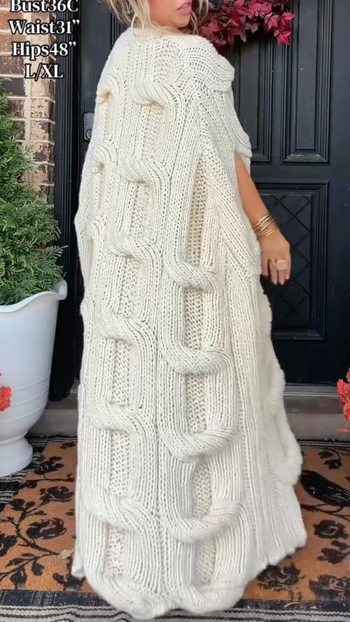 Ivory Sculptural-Texture Long Knit Cape Cardigan