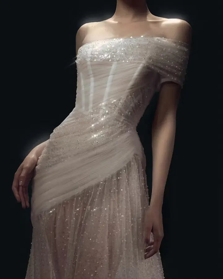 Cocoslly One Shoulder Sleeveless High Waist Long Prom Dress With Sequins | White Tulle YC0569