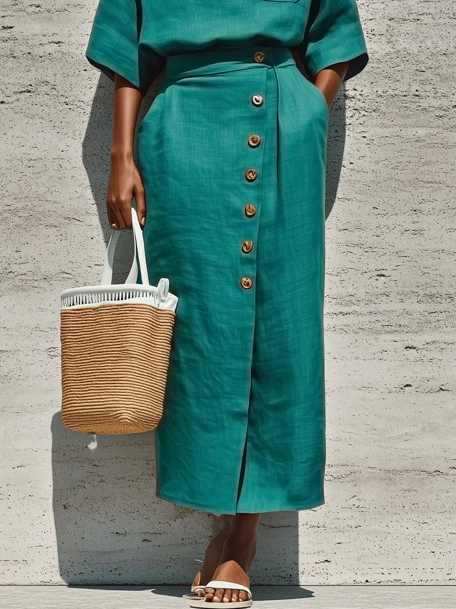 Women’s Teal Linen Split Neck 3/4 Sleeve Pocket Blouse & High Waist Wrap Front Button Midi Skirt Two-Piece Set MDZ0834F9T
