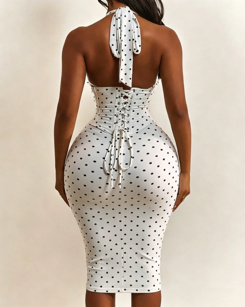 Polka Dot Hourgalss Corset Halter Midi Dress with Lace-Up Back Two-Piece Set