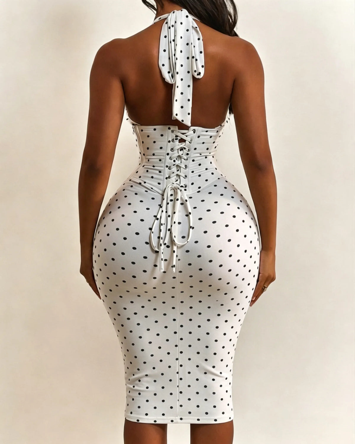 Polka Dot Hourgalss Corset Halter Midi Dress with Lace-Up Back Two-Piece Set