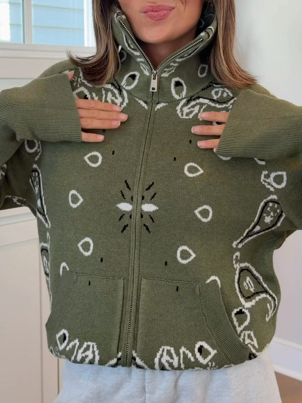 Olive Bandana Print Zip‑Up Knit Hoodie