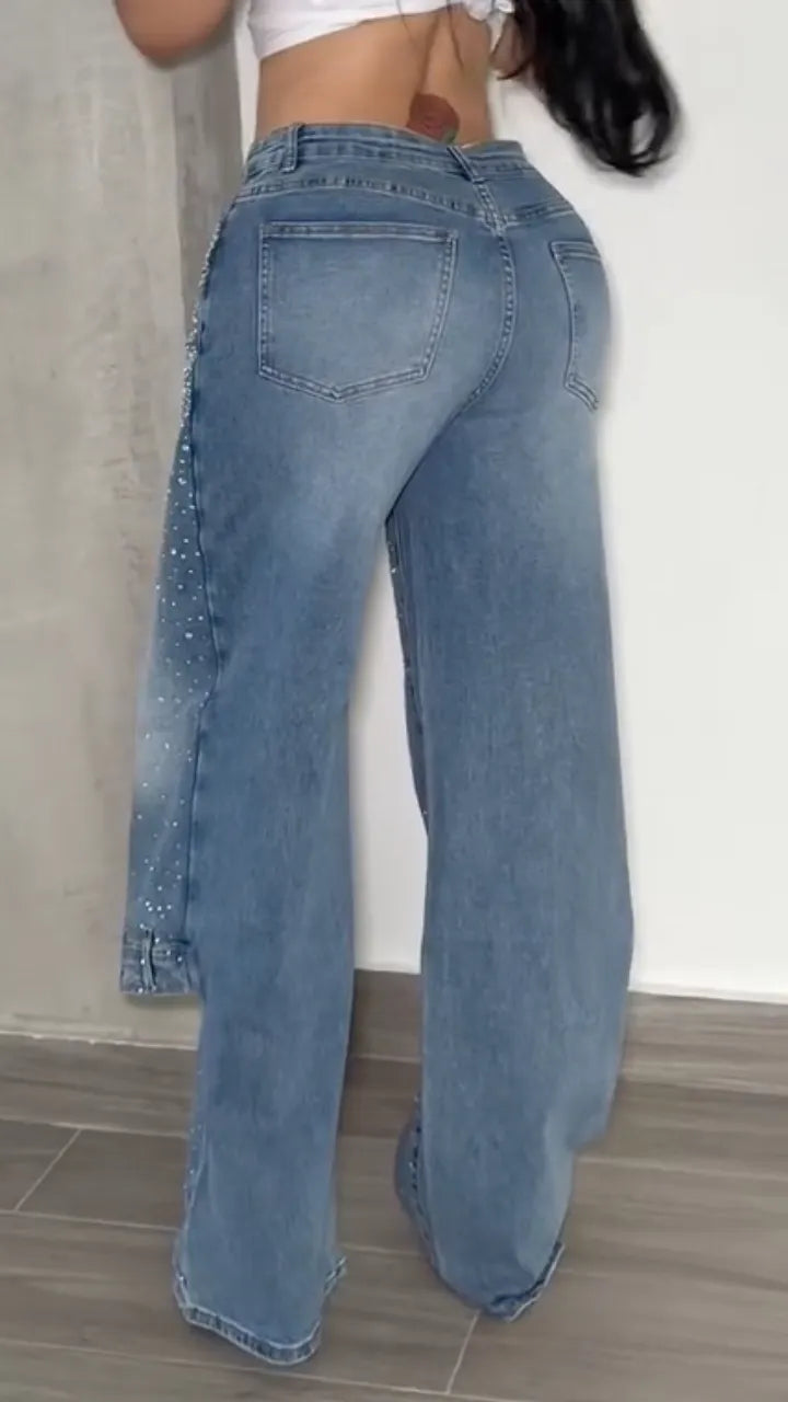Dark Wash Hot Fix Rhinestone Wide Leg Jeans