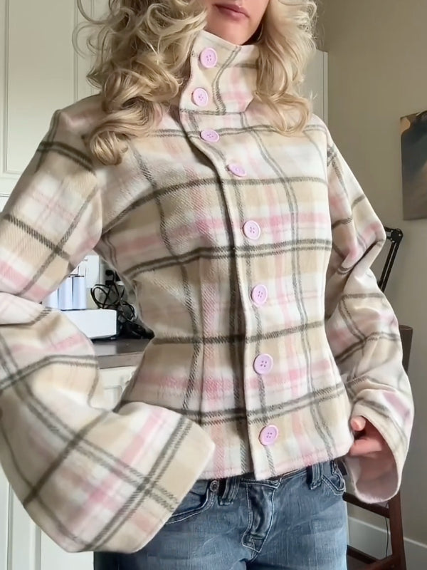 Soft Plaid High-Neck Jacket
