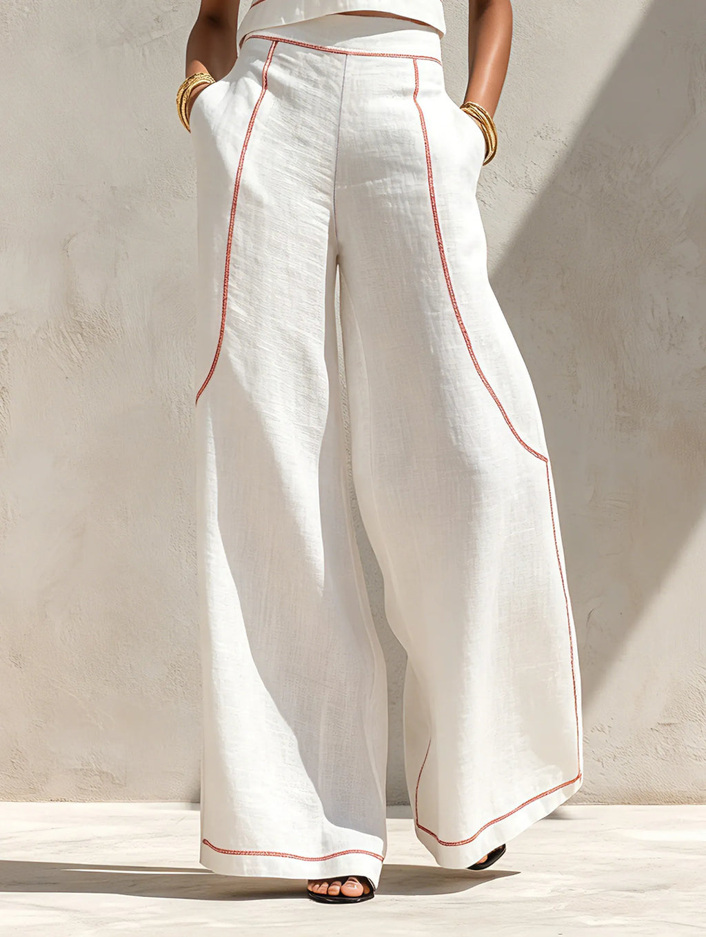 Women's Minimalist Linen-Blend Contrast-Stitched Blouse & Wide-Leg Pants Set MDZ1599E9Y