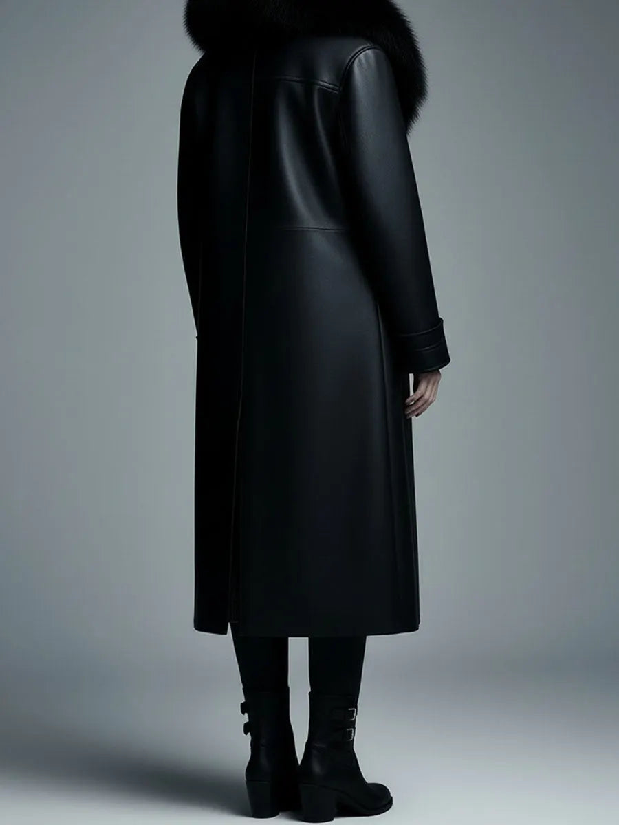 Women Fur Trim Warm Lined Hooded Eco Leather Trench Coat