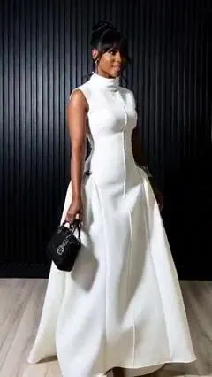 Asymmetric Mock Neck Long Sleeve Sash Party Maxi Dresses-White