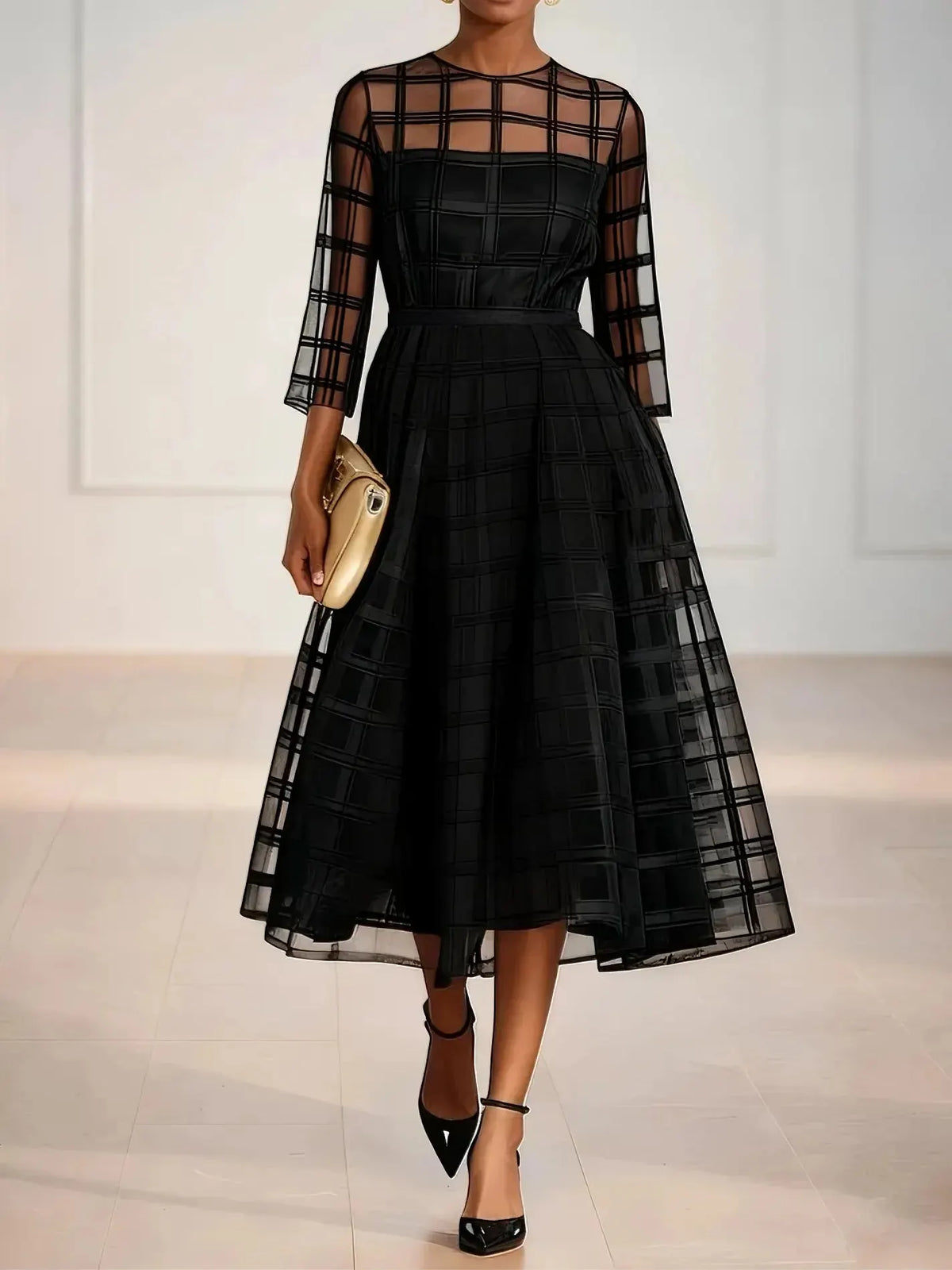 Black Plaid Organza Classic Crew Neck Three Quarter Sleeve A-Line Midi Dress