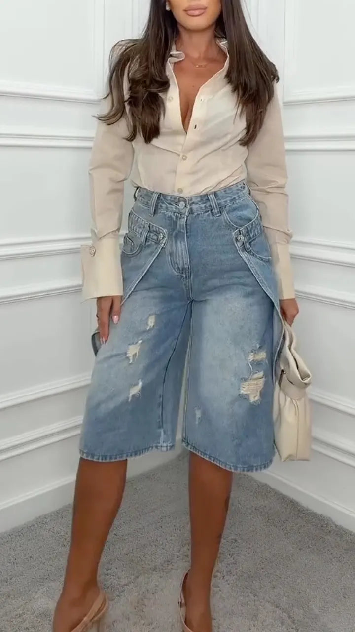 High Waist Distressed Denim Bermuda Shorts