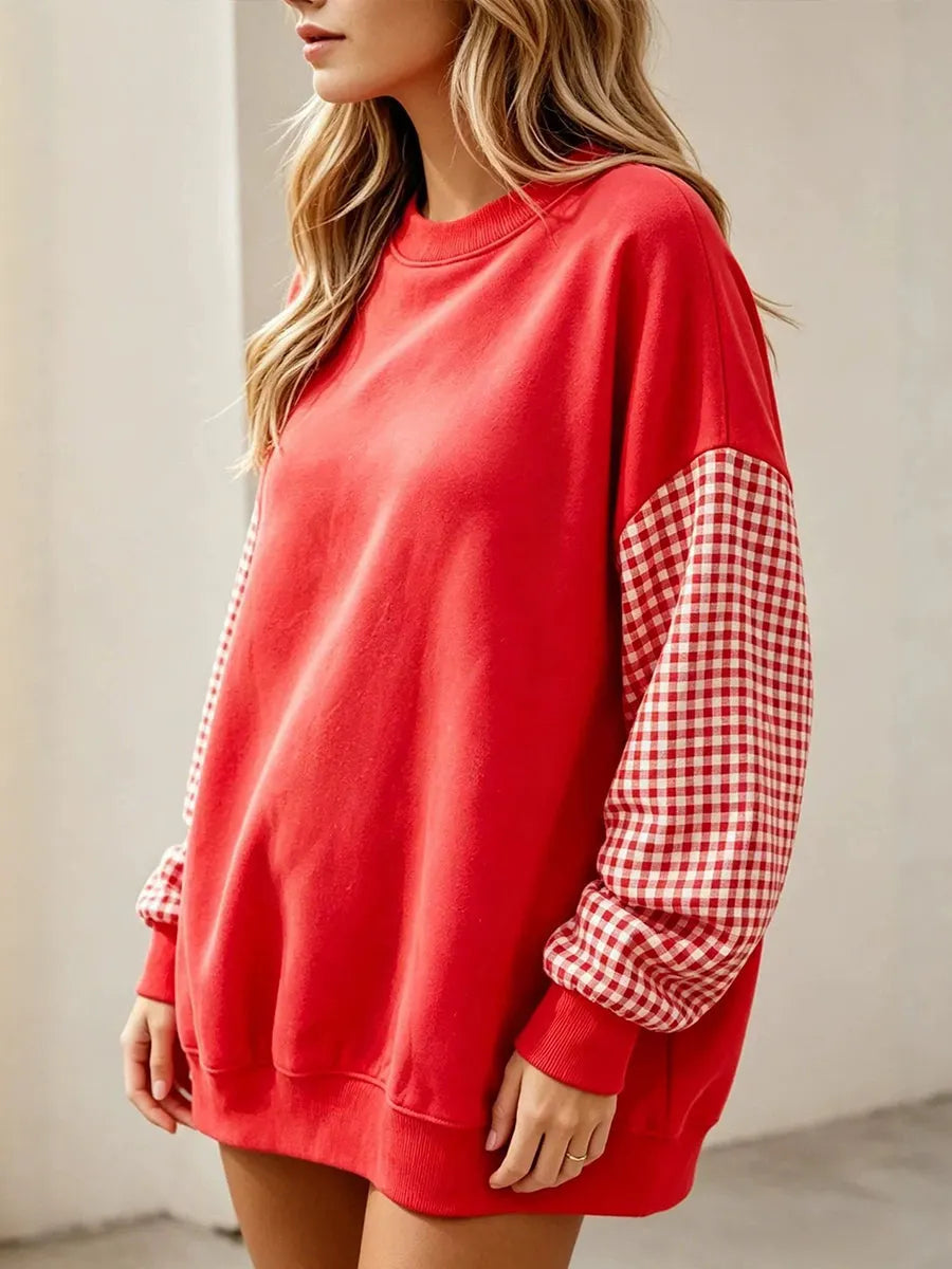 Chic Red Gingham Patchwork Crewneck Sweatshirt