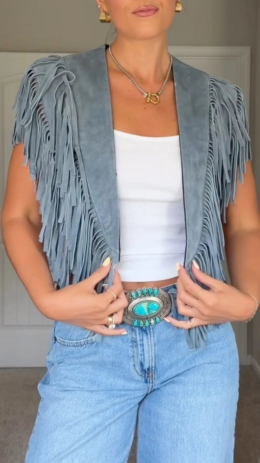 Blue Suede Fringe Sleeveless Vest