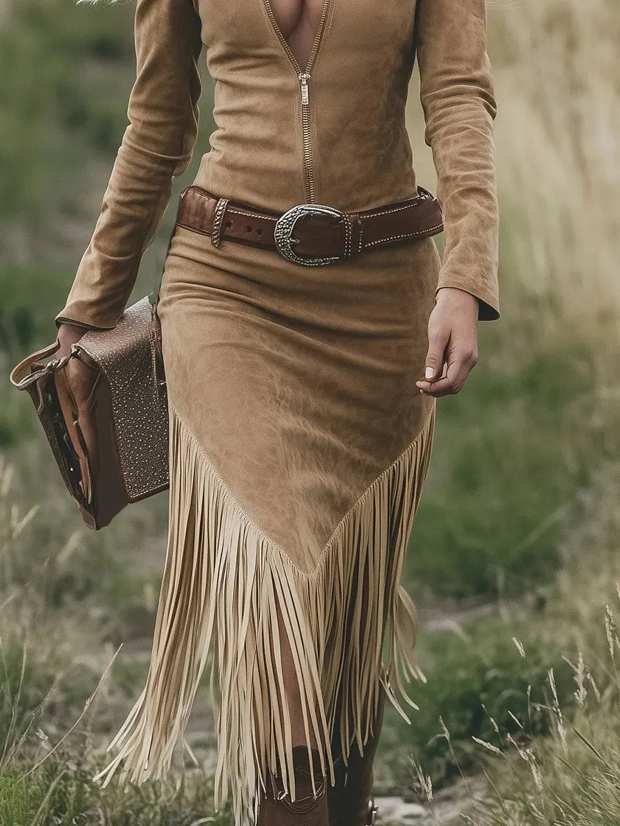 Retro Western Lapel Zipper Long Sleeve Tassel Midi Dress