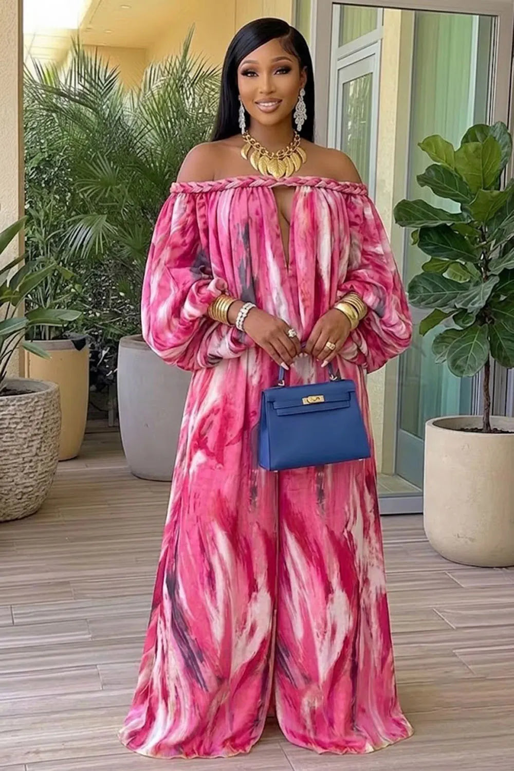 Tie Dye Braided Off Shoulder Top Wide Leg Pants 2pcs Set-Orange [Pre Order]