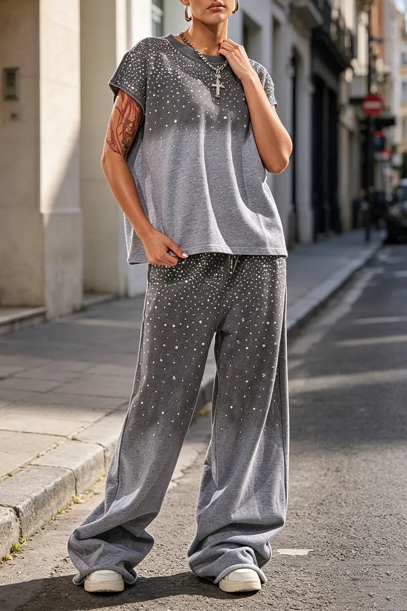 Women's Round Neck Rhinestone Gradient Top+ Pants Casual Suit