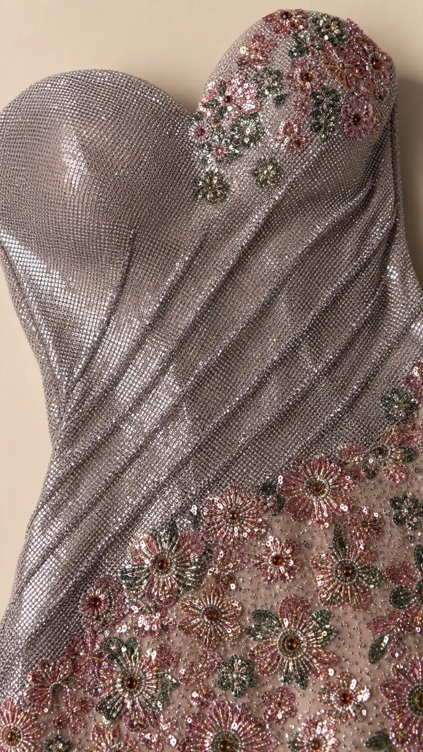Strapless Sweetheart Pleated Sequin Floral Mermaid Evening Gown
