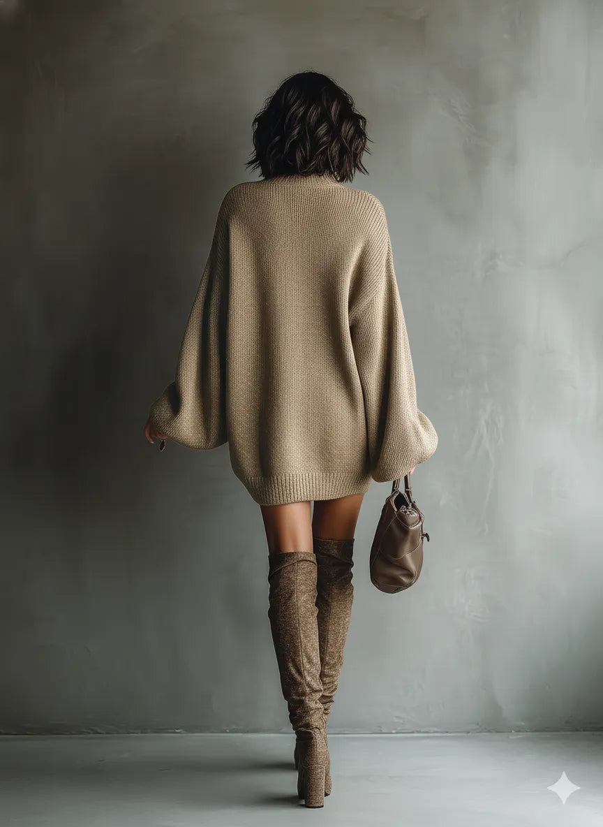 Women's Caramel Brown Vintage Style Knit Mini Dress MDA2367I6T