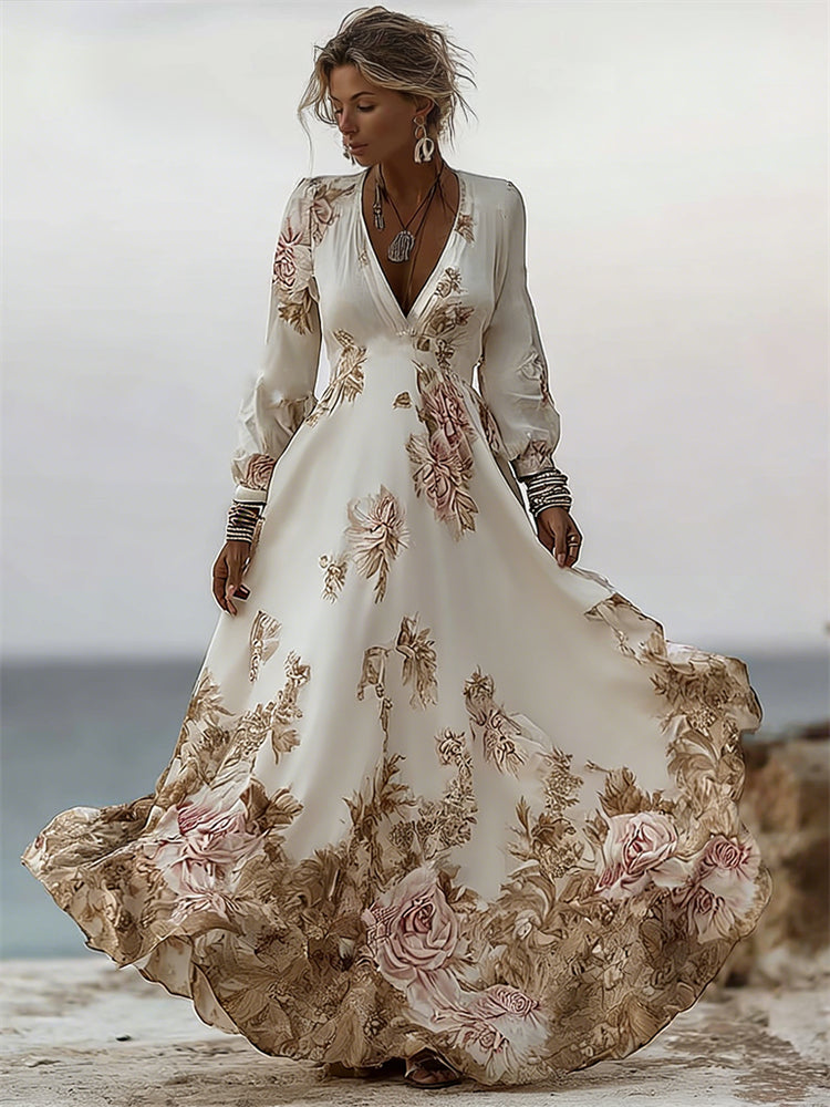 Classy Vintage Roses Print V Neck Flowy Maxi Linen Dress