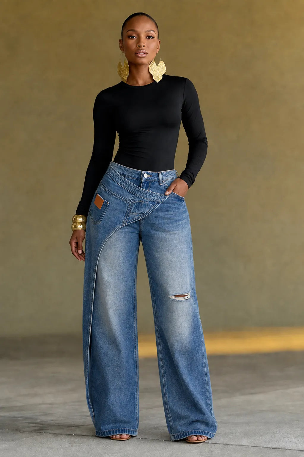 Cross Over Waist Distressed Wide Leg Jeans
