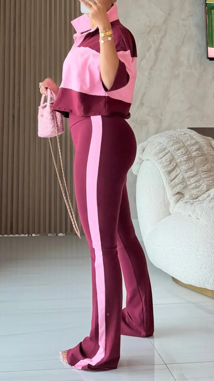 Color-Block Cropped Top & Flared Pants Set