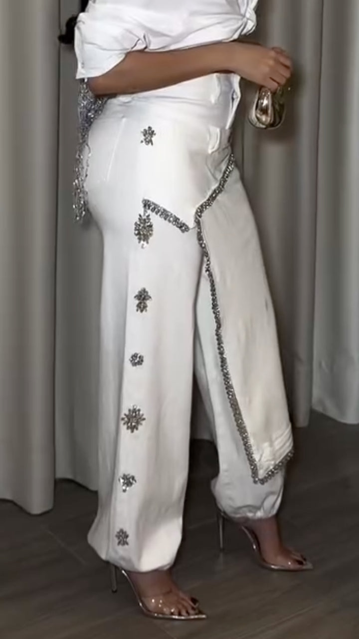 Ivory Rhinestone-Trim Overlay Harem Pants