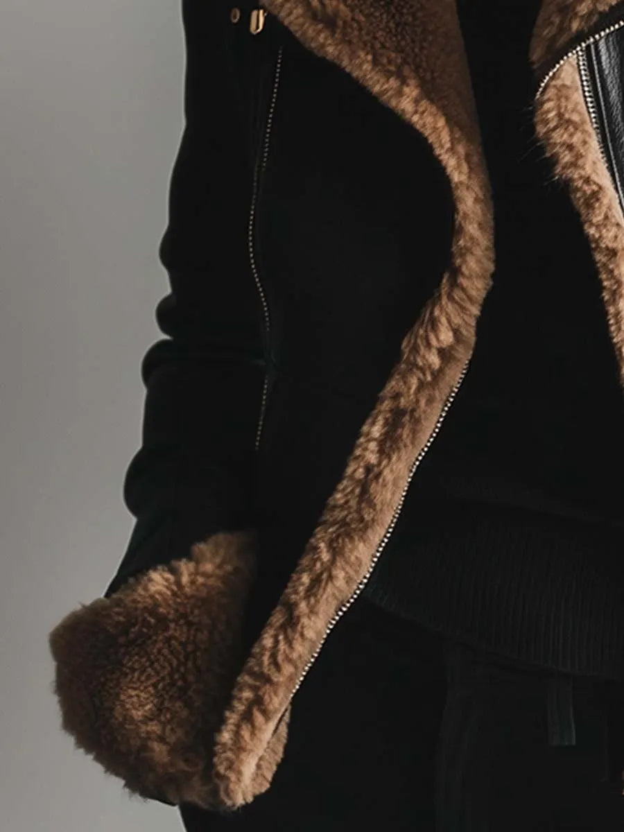 Women's Vintage Fur Collar Contrast Faux Leather Jacket