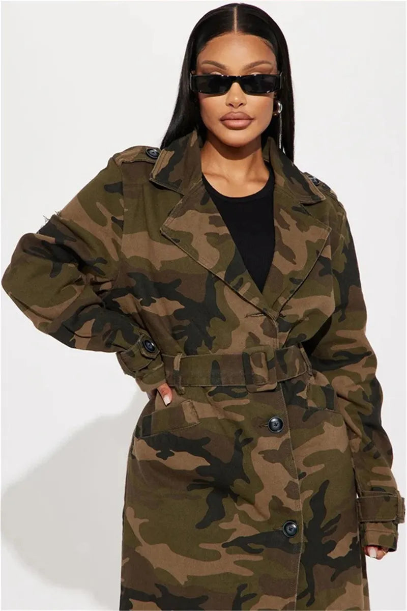 Stylish Women's Camo Long Coat With Edgy Distressed Details